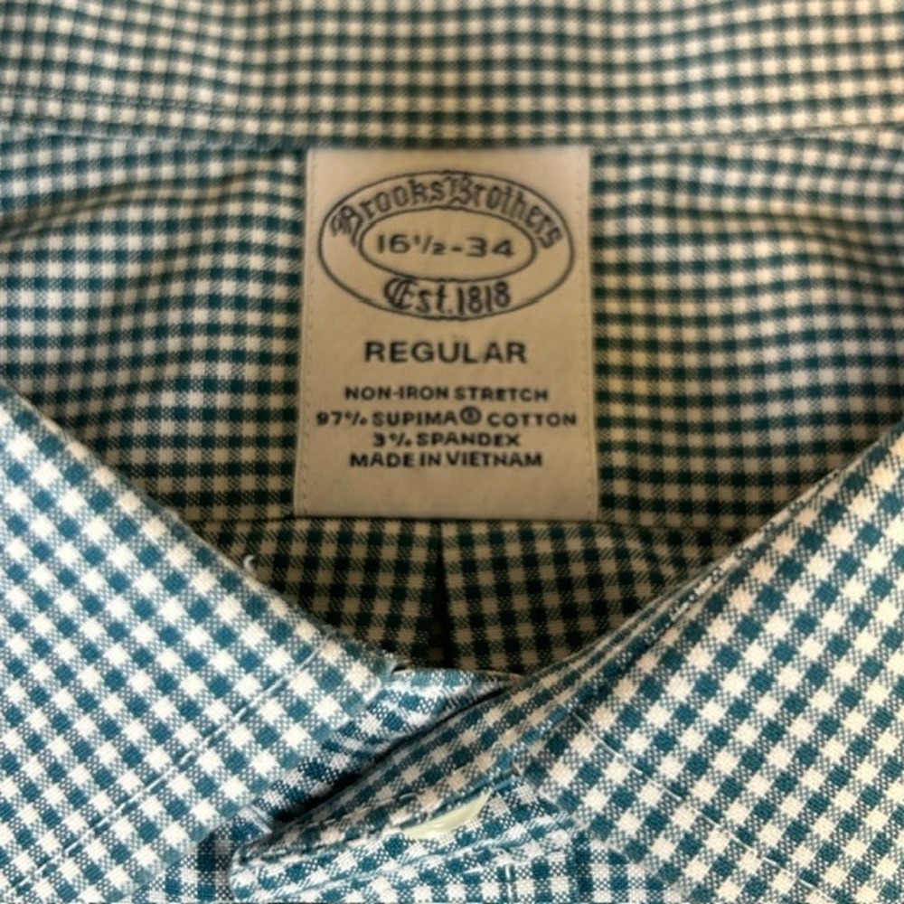 Brooks Brothers Green White Gingham Long Sleeve Button Up Dress Shirt 16.5 - 34